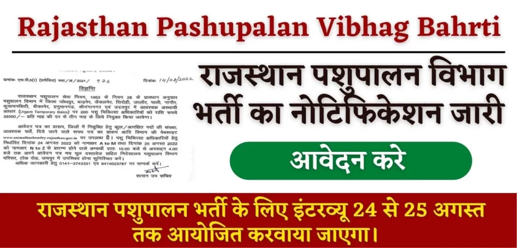 Rajasthan Pashupalan Vibhag Recruitment 2022 Notification Rajasthan Pashupalan Vibhag Recruitment 2022 पशुपालन विभाग में इंटरव्यू के आधार पर भर्ती के लिए आवेदन करे